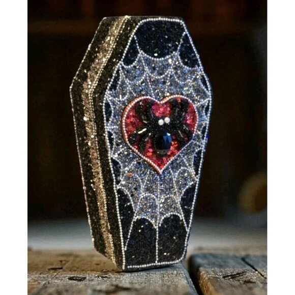 New LRG Black & Red Spider On Heart Halloween Beaded Coffin Box Storage Box - Picture 1 of 4